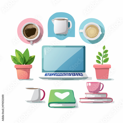 Illustration of a laptop surrounded by plants, books, and coffee cups.