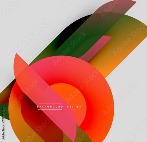 Abstract colorful shapes overlap, creating dynamic visual effect. Gradient hues blend smoothly, modern design element.