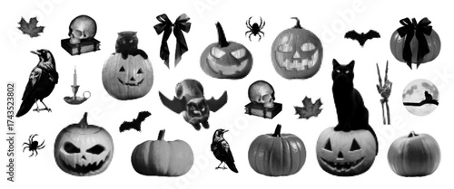 Vintage Halloween collage elements set. Halftone textured silhouettes of scary pumpkins, skull, cat, bats, ravens, spiders, candle, crow. Spooky atmospere stickers. Gothic clipart.
