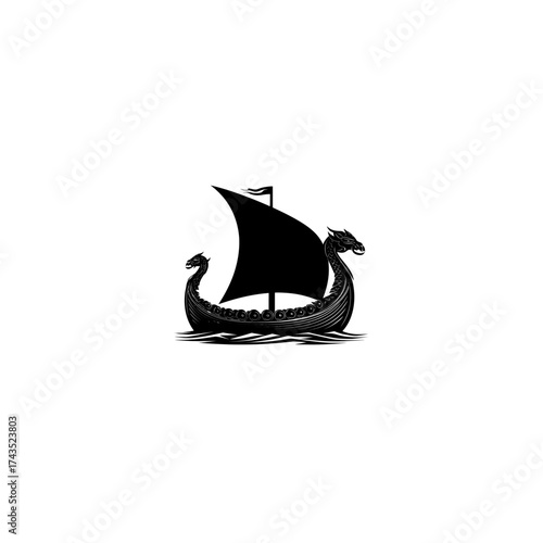 A stylized black Viking longship with dragon heads, sailing on a white background