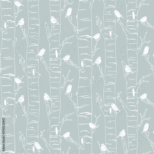 A serene seamless pattern featuring delicate hand-drawn birds perched on birch tree branches. The minimalist line art and soft muted colors evoke calm woodland charm and Scandinavian simplicity.