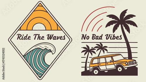 Retro surf club logo designs featuring vibrant colors and classic typography for beach and coastal branding