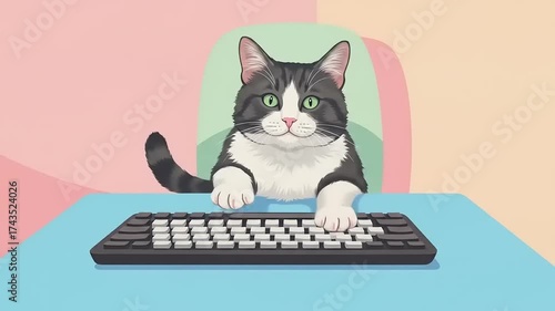 Playful cat typing on a keyboard while sitting at a colorful desk in a cozy home office