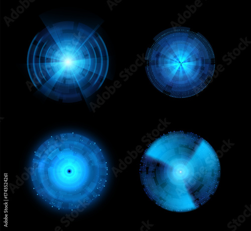 Blur digital blue HUD radar display, military search detection system vector set, navigation interface navy or air sonar