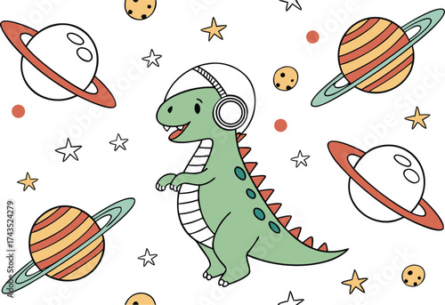 Whimsical seamless pattern featuring cartoon dinosaurs wearing astronaut helmets exploring the vastness of outer space with stars and planets