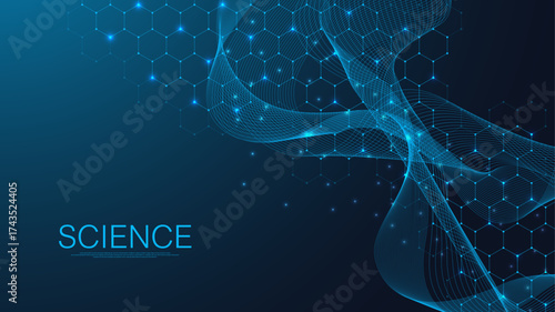 Molecular abstract structure and genetic engineering DNA. Healthcare and medicine background concept. Scientific research background. Wave flow. Innovation pattern. Vector illustration.