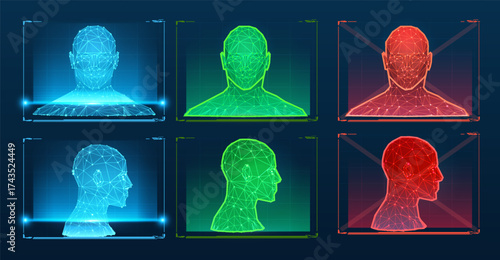 Biometric technology digital face scanning, facial recognition system, polygonal wireframe vector set, ID identification