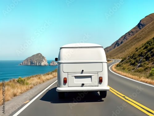 Rear view of a blank white vintage van driving on a scenic seaside highway.