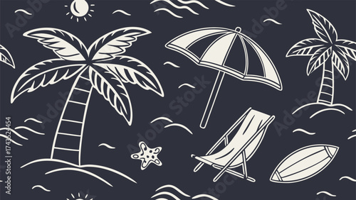 Whimsical seamless pattern featuring hand drawn summer beach doodles on a dark background perfect for playful designs