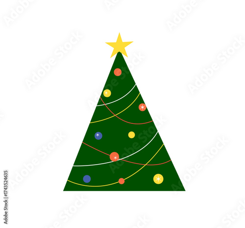 Christmas tree, New Year holiday decoration. Festive ornament with bauble, star, garland, tinsel and lights, triangle shape. Flat vector illustration isolated on white background.