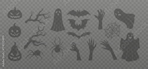 Halloween shadows vector set, scary ghost, bat, zombie hand, pumpkin with a devil face, spider cobweb spooky silhouettes