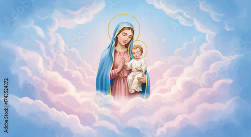 Mother Mary Holding Baby Jesus in Heavenly Clouds.