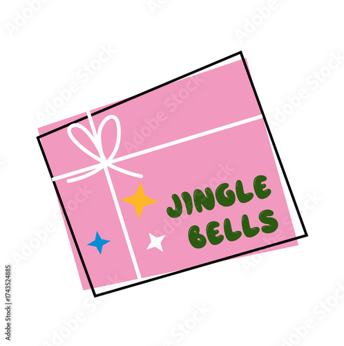 Gift box present. Christmas holiday festive wrapping with bow, ribbon, string, and jingle bells, decorated in modern pink style. Flat vector illustration isolated on white background.
