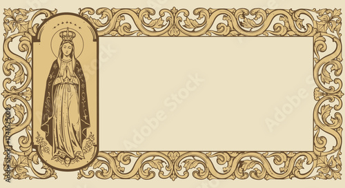 Religious depiction of the Virgin Mary in ornate frame.