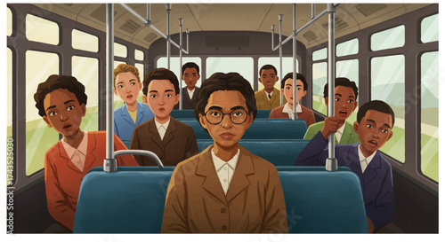 Rosa Parks on a bus a symbol of civil rights movement.