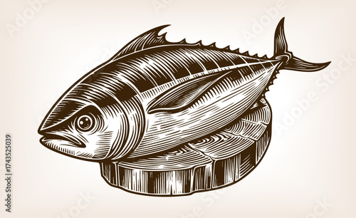 tuna fish placed on a wooden cutting block, symbolizing seafood, fishing, and culinary preparation sketch engraving generative ai vector illustration. Scratch board imitation. Black and white image.