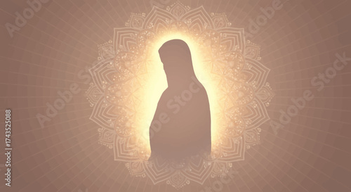 Silhouette of a spiritual figure emanating light and divine presence.