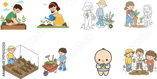 Cartoon children gardening illustration showing kids planting, watering, harvesting vegetables, learning nature, and enjoying outdoor farm and garden activities.