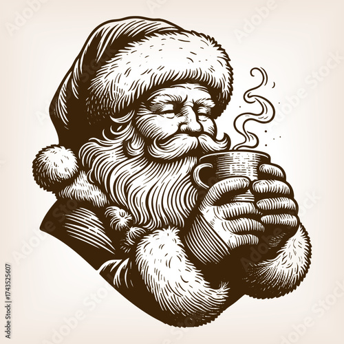Santa Claus holding a steaming cup of hot chocolate, warmth, comfort, and holiday cheer sketch engraving generative ai fictional character vector illustration. Scratch board imitation. Black and white