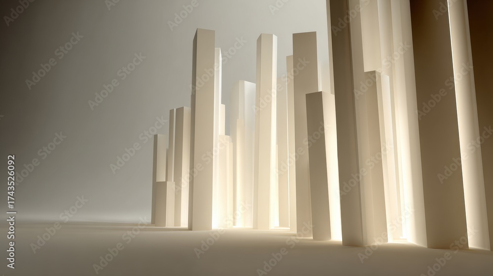 Fototapeta premium Modern Architectural Design Featuring Abstract White Structures Illuminated From Behind in a Minimalist Setting
