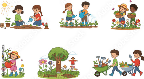 Cartoon children gardening illustration with planting, watering, harvesting vegetables, flowers, and using garden tools in outdoor nature environment.