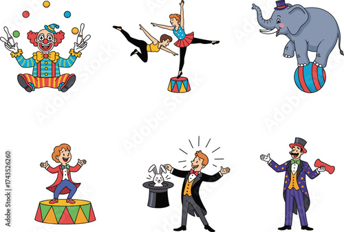 Cartoon circus performers vector illustration featuring clown, acrobats, elephant, magician, and ringmaster on white background with colorful costumes.