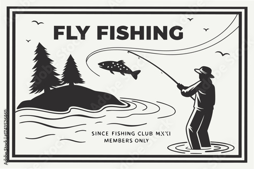 Vintage illustration of a person fly fishing in a serene natural landscape with a detailed artistic style
