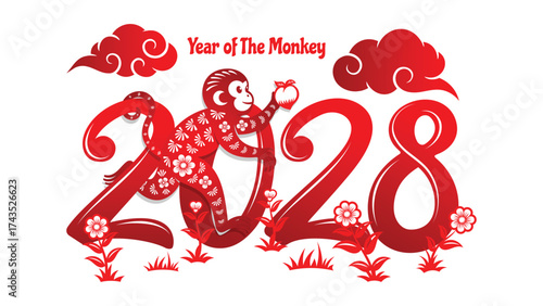 Chinese New Year 2028 number design, monkey walking among the numbers.