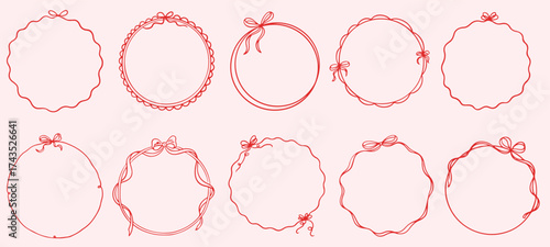 Hand drawn circle frames with bow and ribbon. Vintage coquette borders, round frames for wedding invitation, birthday card, menu design, party. Minimalist girly line art. Whimsical vector frames
 