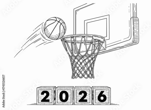 2026 New Year goals, resolutions, plans basketball — engraving sketch of a basketball flying into a hoop and number 2026 on wooden cube blocks, black and white vintage engraving vector illustration