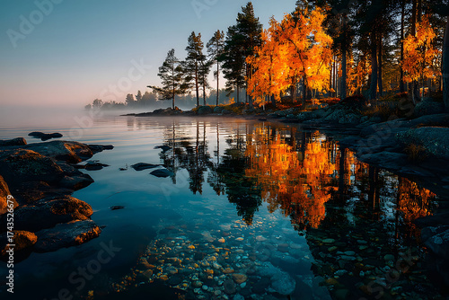 Autumn Sunrise Reflections in Tranquil Forest Lake Landscape
