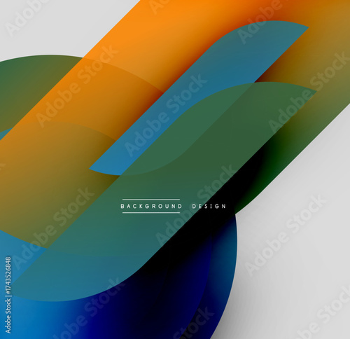Abstract fluid shapes overlap, creating dynamic color gradients. Modern design features teal, orange, green, black, white hues.