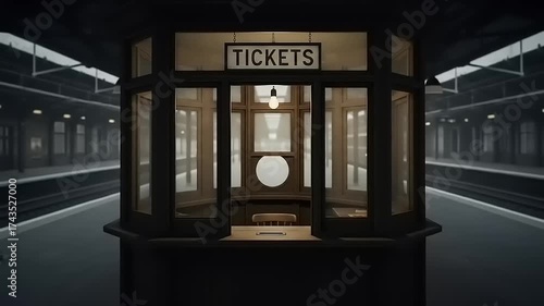 Vintage Train Station Ticket Booth at Night.