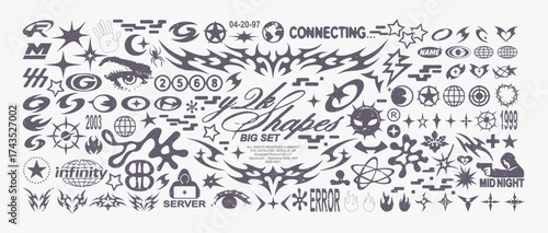  Retro Y2K futuristic 500 elements for design. Big collection of abstract graphic geometric symbols and objects. Templates for notes, posters, banners, stickers, business cards, logo