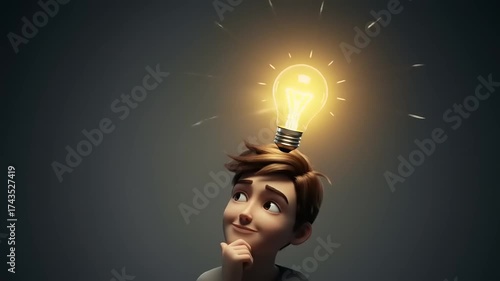 Young boy pondering with a glowing light bulb above