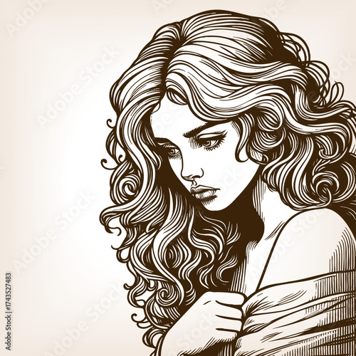 Sad thoughtful woman with flowing curly hair, elegance, beauty, and a nostalgic vintage style sketch engraving generative ai fictional character vector illustration. Scratch board. Black and white.
