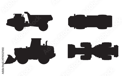CAD Drawings. Set of silhouette heavy equipment vehicles. Top and Side view. Vector illustration.