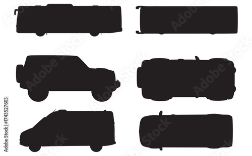CAD Drawings. Set of silhouette vector car, bus, minibus vehicles. Top and side view. Vector illustration.