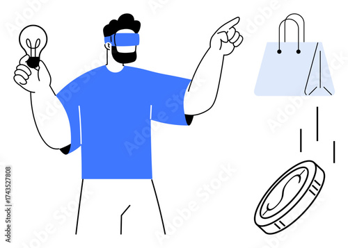 Man wearing VR headset holding lightbulb, pointing at shopping bag and coin. Ideal for innovation, e-commerce, fintech, technology, creativity, virtual experience digital economy. Simple flat