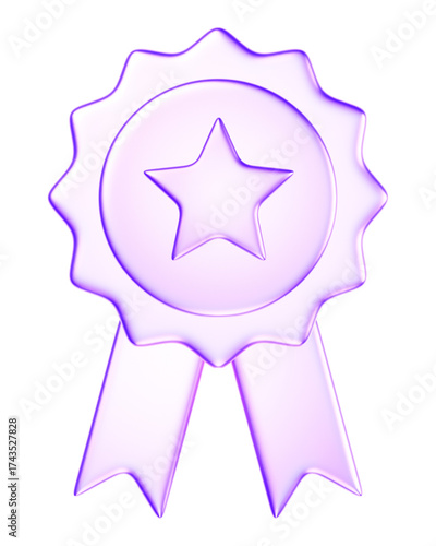 3D glassmorphism ribbon badge icon with star. Glossy purple minimal style representing reward, achievement, and excellence