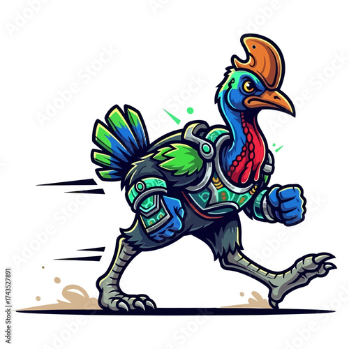 Armored Cassowary Cartoon Character Running with Speed Lines and Dust Clouds.