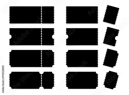 Set of black ticket mockups with ruffle edges and shadows. Ticket with the control part torn off. Ticket stub	