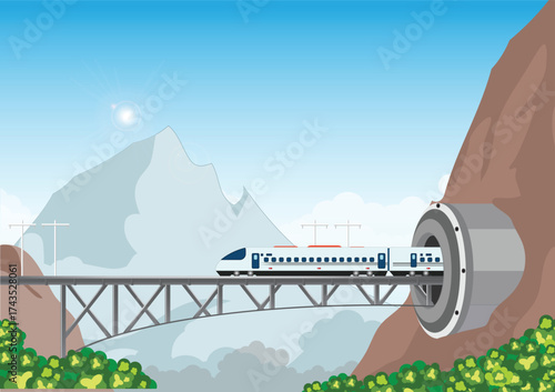 Speed train on railway bridge passing through tunnel under mountain.