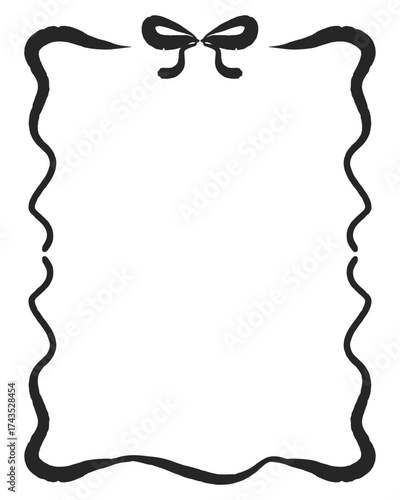 Linear rectangular frame with wavy border and bow. Vector outline element for card, invitation, or poster. Decorative border for layout or template design.