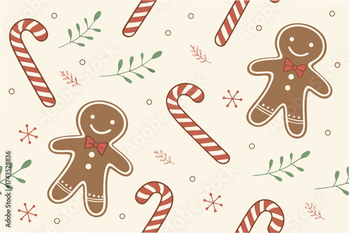 A whimsical and festive christmas pattern featuring charming gingerbread characters candy canes and festive ornaments on a colorful background for holiday designs