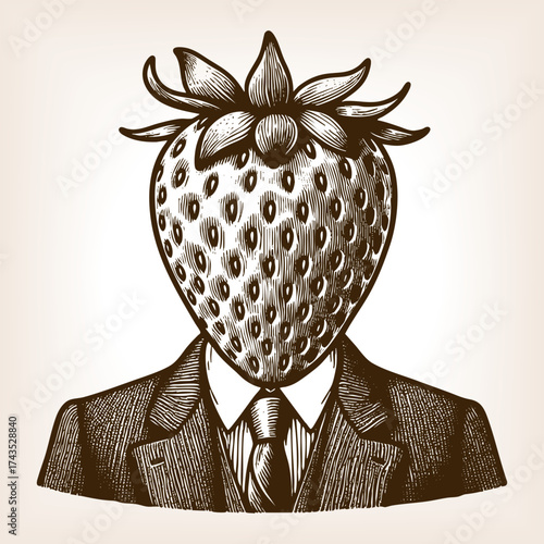 surreal character with a strawberry head wearing a formal suit, combining humor and creativity sketch engraving generative ai vector illustration. Scratch board imitation. Black and white image.