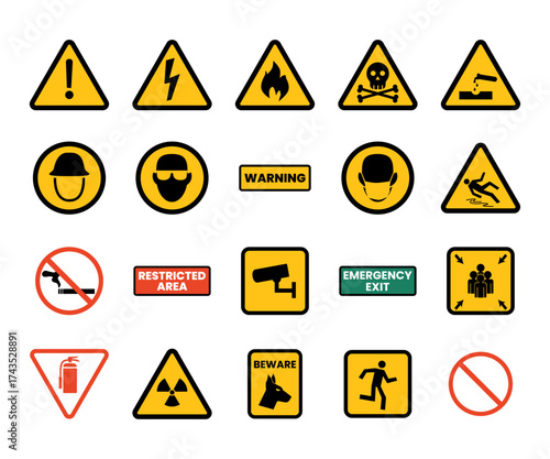 vector security warning signs set of illustration for caution hazard danger alert icons and symbols for safety notice labels and stickers