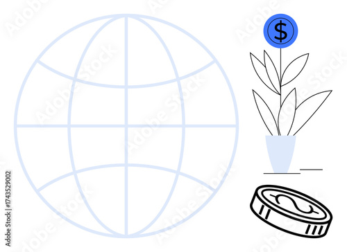Globe outline with money plant and dollar sign symbolizing economic growth, global finance, and investment opportunities. Ideal for economy, sustainability, business, globalization, wealth, trade