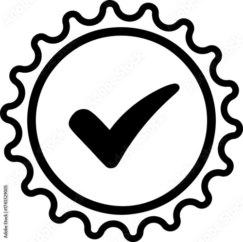 A black check mark inside a circle with a scalloped edge on a white/transparent background is displayed here now stamp icon