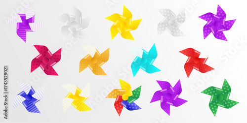 Vector colorful wind pinwheel isolated on white toy spinner paper fan rainbow mill design childhood game playful whirligig concept background summer breeze child symbol flower illustration